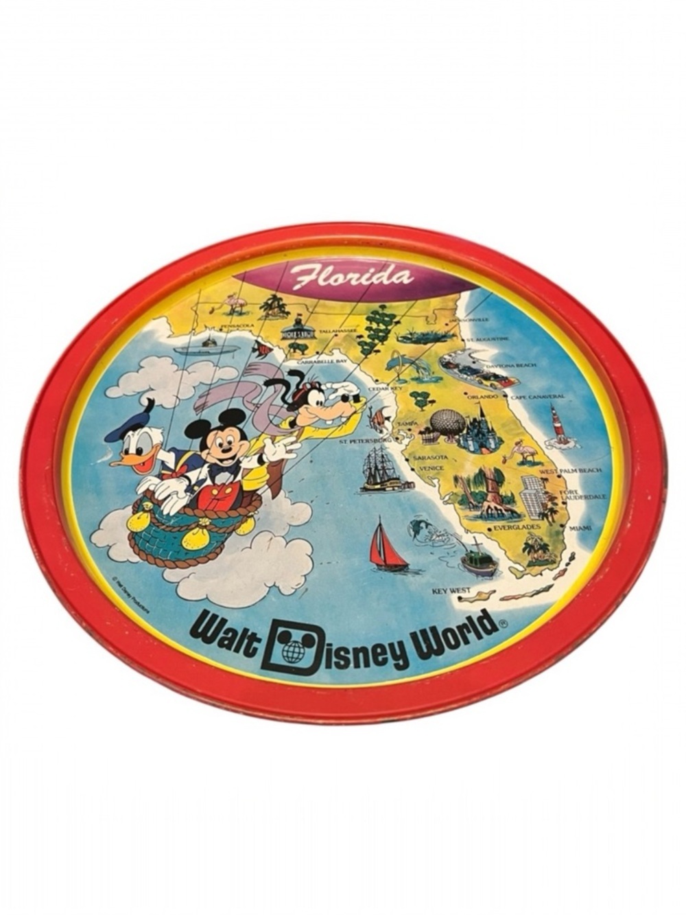 Vintage 80s Walt Disney World Florida Map Metal Tin Tray Epcot Era Disneyana